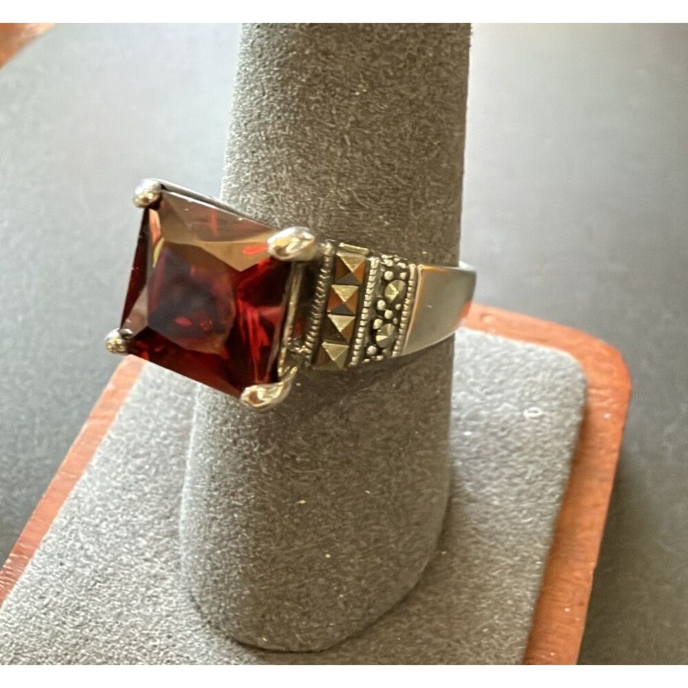Vintage Sterling Silver 925 Marcasite Ring with Red Glass Stone Size 8.5